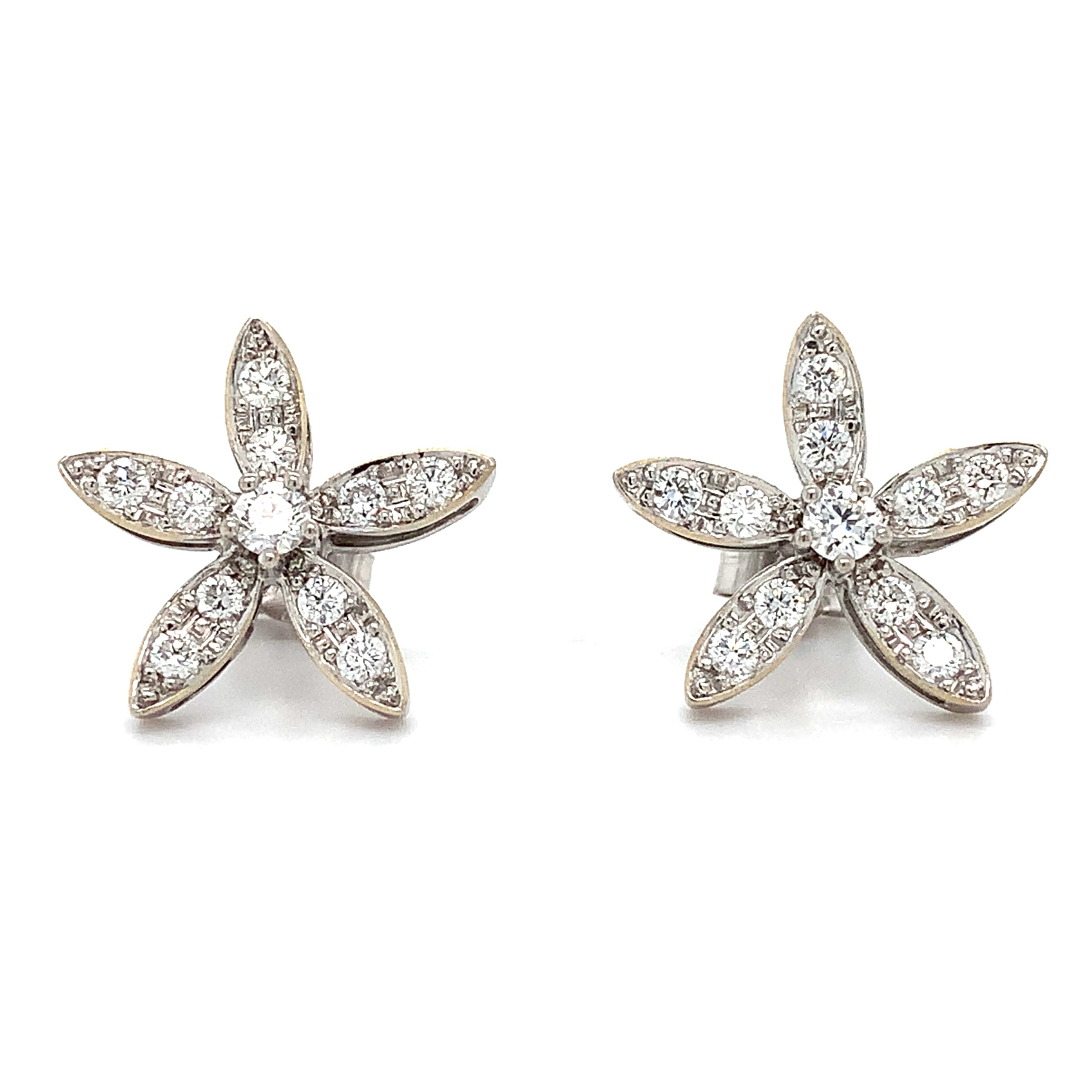 Amellas diamond flower shaped stud earrings 18k white gold bespoke made in London wedding engagement jewellery