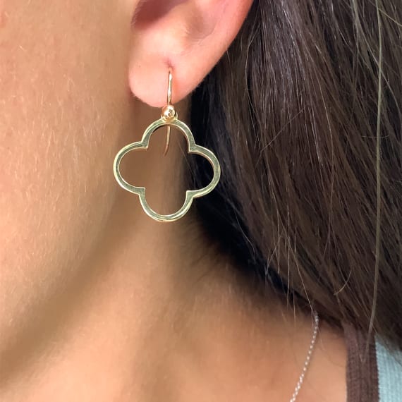 Clover shaped drop dangle earrings yellow gold