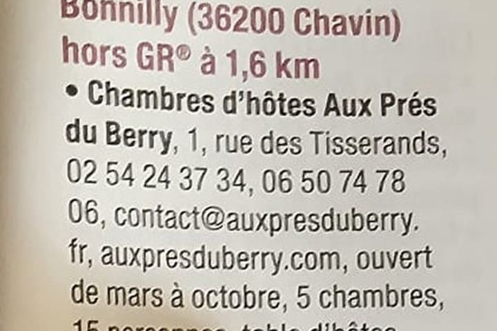 La page 125 du topoguide du GR 100, où figure Aux Prés du Berry