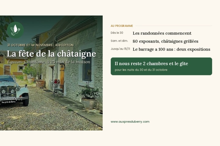 La fête de la châtaigne d’Éguzon les 31 octobre et 1er novembre, à 25 minutes d’Aux Prés du Berry