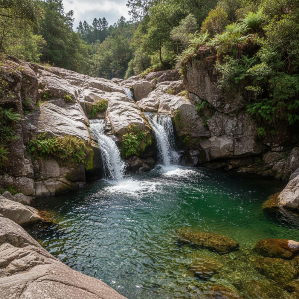 Cascadas y pozas naturales de agua entre rocas y vegetación en Mougás, Oia