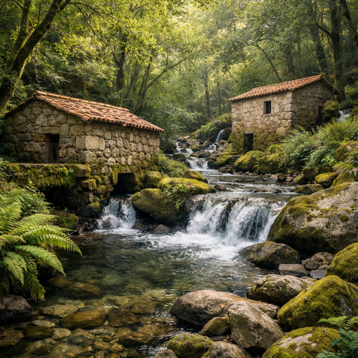 Imagen de los molinos tradicionales de piedra junto a cascadas y vegetación en un bosque atlántico de Baredo