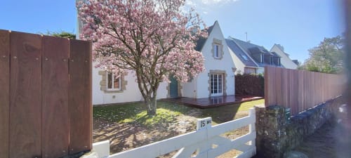 Villa Mer et Maisons à La Trinité sur Mer avec magnolia en fleur, cottage blanc et jardin paysagé