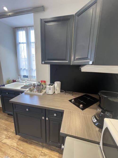Cuisine moderne de l'appartement La Montagnette à Moutiers avec placards foncés, plan de travail en bois et cuisinière à induction noire