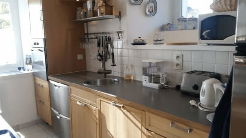 Cuisine moderne aux armoires en bois, électroménagers en acier inoxydable et plan de travail foncé à la villa Mer et Maisons, La Trinité