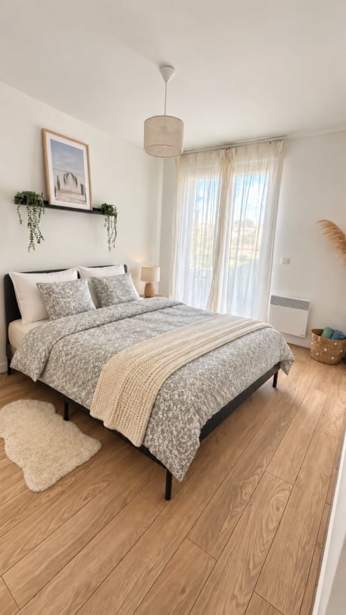 Chambre moderne au Paradis Des Logis, Argenteuil avec lit queen-size, vue sur jardin, parquet et décoration minimaliste