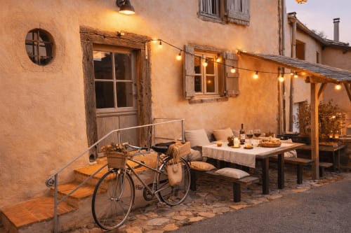 Charmant cottage de la Loire avec table à manger, vélo et guirlandes lumineuses à la tombée du jour