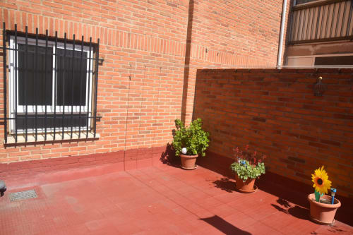 Sunny patio of Benavente apartment with potted plants, brick walls, and barred window
