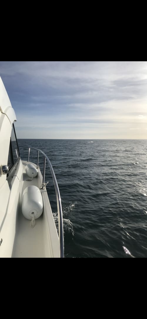 Rambardes blanches avec bouées surplombant les eaux calmes de la marina de Cap d'Agde, France.