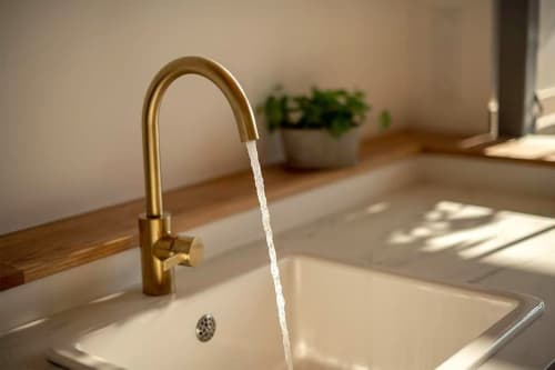Robinet doré courbe avec eau coulante sur évier blanc dans la cuisine chic du gîte Loft Le Chic à Saint-Valéry-en-Caux
