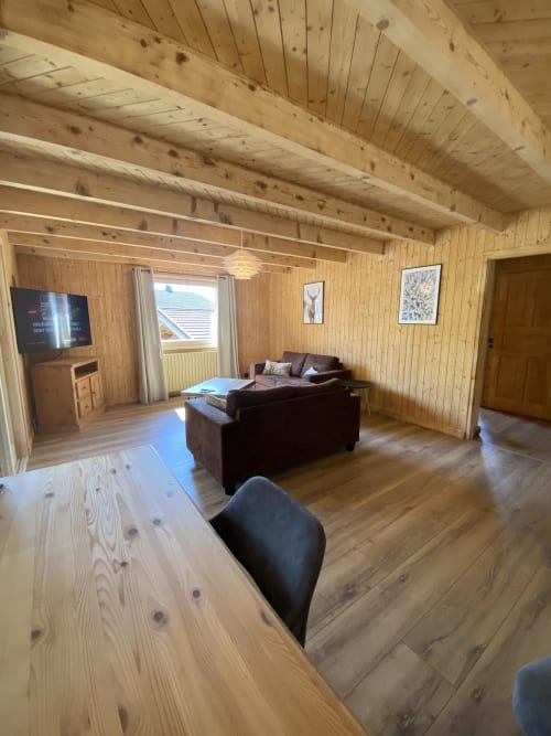 Spacious wooden chalet living room with brown sofa, TV, exposed beams, mountain views, and modern furnishings at La Ferme des
