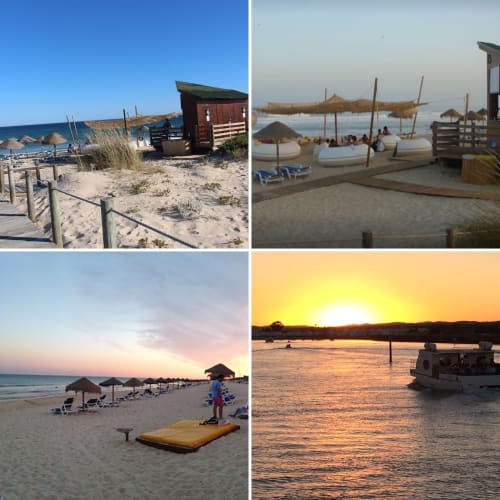 Break Lovers beach resort in Tavira showing sandy beach, wooden cabins, umbrellas, and sunset river views