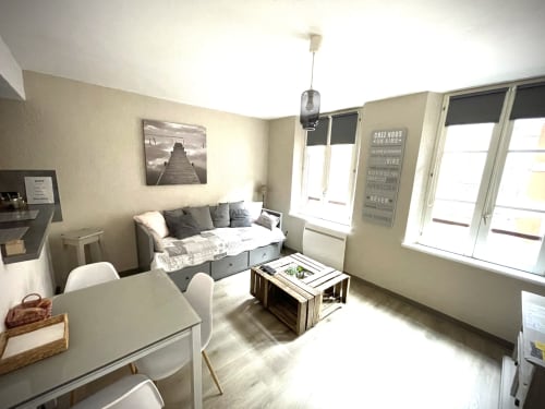Lumineux studio à Troyes avec canapé, table à manger, kitchenette et grandes fenêtres
