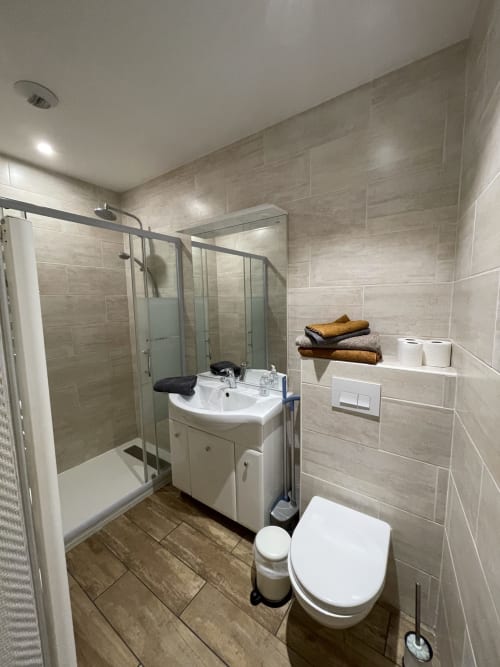 Salle de bain moderne à La Montagnette BnB à Moutiers avec douche, lavabo, toilettes et sol imitation bois
