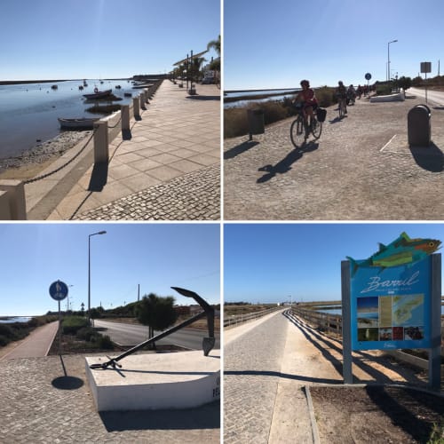Tavira waterfront promenade with boats, cyclists, and recreational boardwalk in Portugal