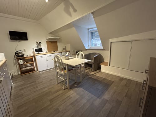Studio lumineux sous les toits à Hébergement Luxeuil Les Bains avec table à manger, kitchenette, TV et fenêtre de toit