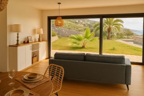 Villa moderna en Tijarafe, La Palma: salón con sofá negro, comedor, vistas al océano y frondoso jardín en patio