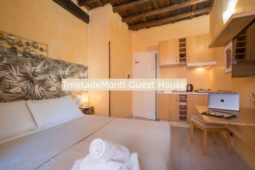 Camera Economy di TrinitadeiMonti Guest House a Roma con letto, scrivania, angolo cottura e travi in legno
