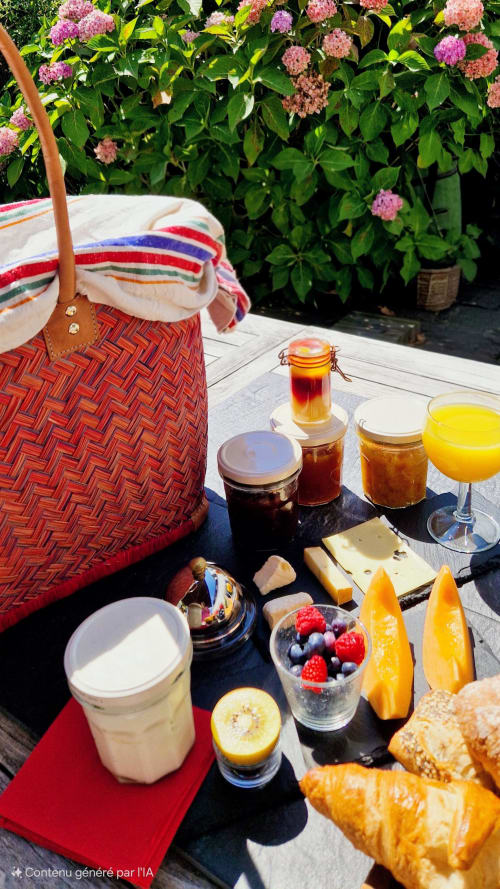 Petit-déjeuner en plein air aux Chambres du Keriolet avec viennoiseries, fromages, fruits et boissons devant des fleurs roses