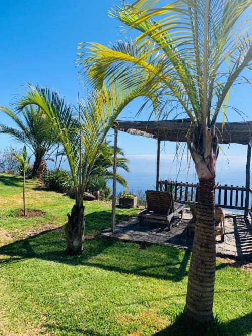 Terraza de Villa Awara con palmeras, pérgola de madera, asientos de jardín y vistas al océano en El Pinillo, La Palma