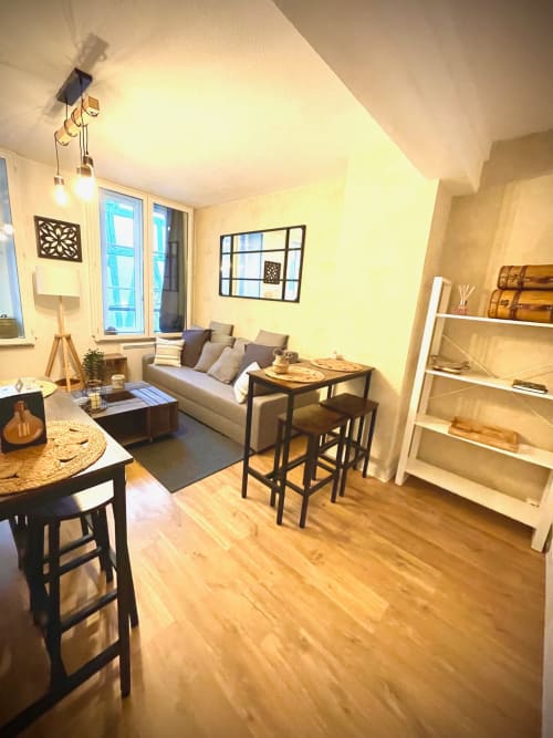 Salon cosy d'un appartement à Troyes avec canapé, coin repas, parquet et vue sur la ville