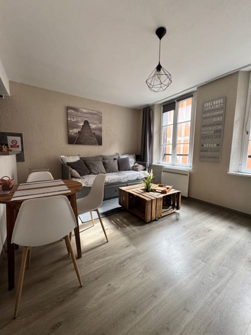 Studio moderne à Troyes avec coin repas, canapé-lit, table basse en bois et vues sur la ville par grandes fenêtres