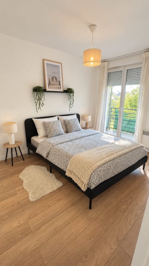 Chambre moderne au Paradis Des Logis : lit noir, literie neutre, suspension, parquet et balcon avec vue sur le jardin