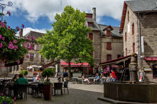 Charmante place médiévale de Bergerac avec bâtiments en pierre, terrasse de café et fleurs roses en fleur
