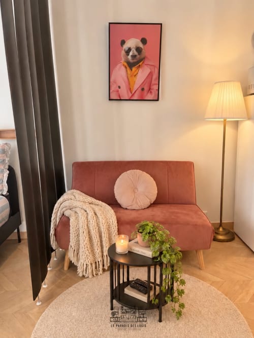 Salon Cosy Luxe au Paradis Des Logis : canapé terracotta, œuvre panda moderne et ambiance chaleureuse