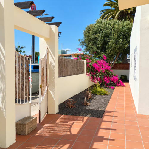 Entrada soleada de la Villa Paloma en Corralejo con azulejos de terracota, muros blancos y buganvilia magenta vibrante