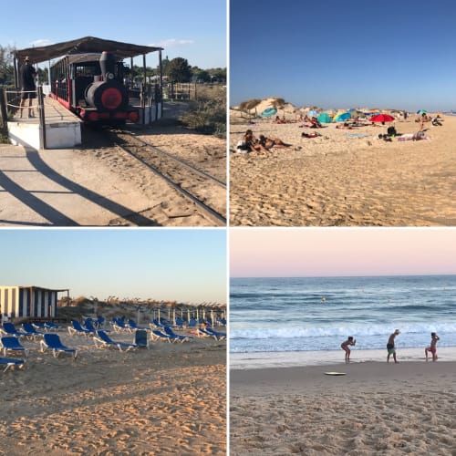 Beach scenes at Break Lovers Tavira: vintage train, sandy beach with colorful umbrellas, loungers, and surfers in the