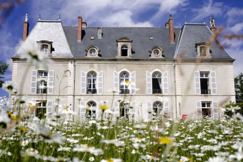 Château de Vaux Morvan avec fleurs sauvages blanches en fleur dans le jardin, Étang-sur-Arroux, France