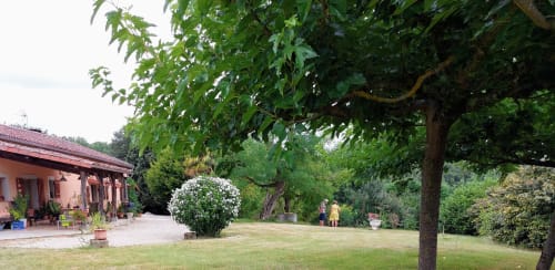 Les Gites de Campardon cottage garden with terrace, lawn, mature trees and landscaping in Monties, France