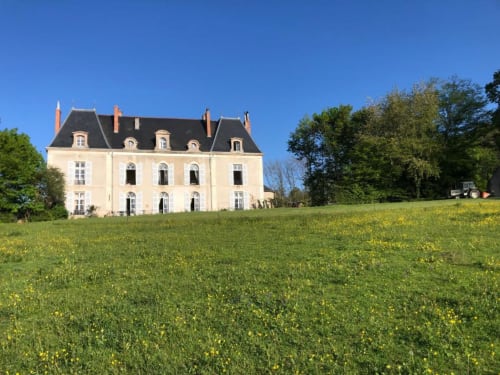 Château de Vaux Morvan, élégante demeure crème aux toits mansardés entourée de prairies fleuries à Étang sur Arroux