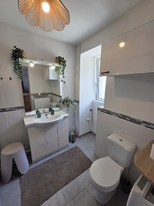 Salle de bain moderne à la Residence Cosy à Saint-Méen-le-Grand avec vasque blanche, miroir, toilettes et plantes décoratives