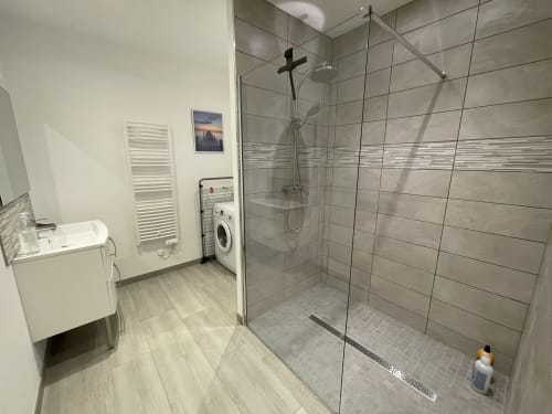 Modern bathroom with walk-in shower, white sink, and washing machine at Les Gites De Flaubert villa in Le Héron, France
