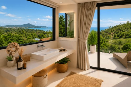 Luxury bathroom with sea view at Indigo Villa Samui, Ko Samui. Modern sink, tropical plants, ocean vista.