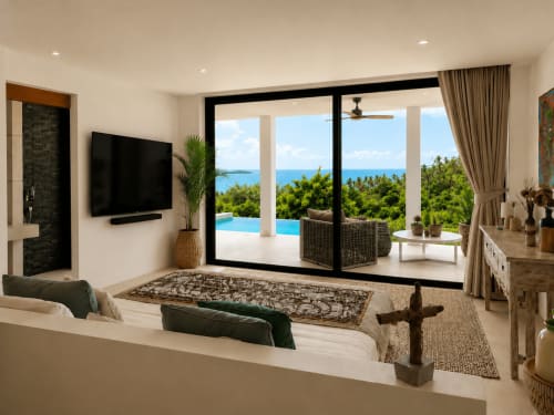 Luxury villa living room in Ko Samui with sea view, flat-screen TV, pool, and tropical terrace overlooking ocean