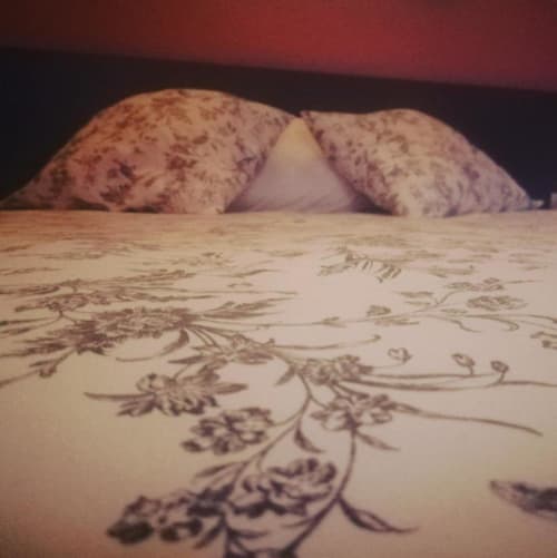 Ropa de cama y cojines con motivos florales en una habitación rural de Casas Rurales La Viña
