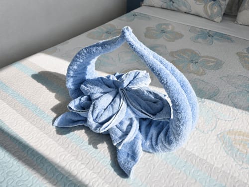 Blue towel folded into decorative flower on bed at Apartamentos El Calón Playa, Cuevas del Almanzora