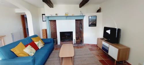 Spacious living room at Orchids cottage in Les Gites de Campardon, Monties, with blue sofa, fireplace, TV, and garden view
