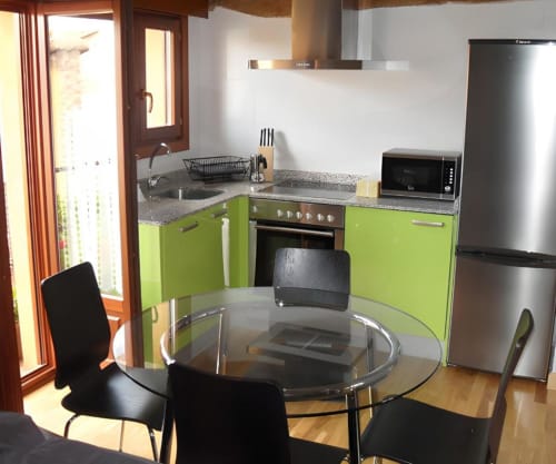 Cocina moderna con muebles verde lima, electrodomésticos de acero inoxidable y mesa de comedor en apartamento La Viña 2 de Cuzcurrita de