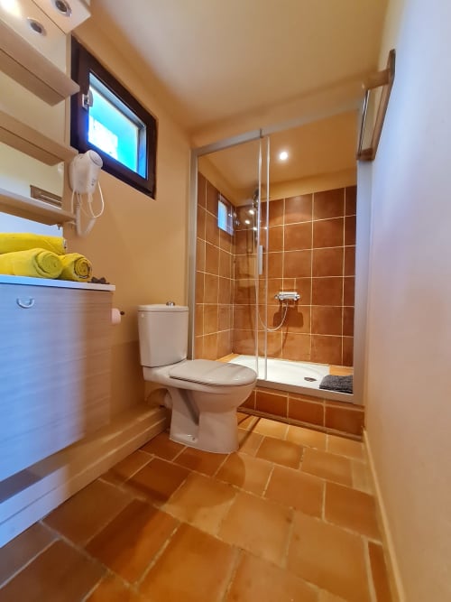 Badkamer op de begane grond van Gîte Cristal met inloopdouche.