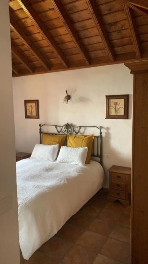 Acogedora habitación en Villa El Topo con cama de hierro forjado, ropa de cama blanca, almohadas doradas, vigas de madera expuestas y arte botánico enmarcado