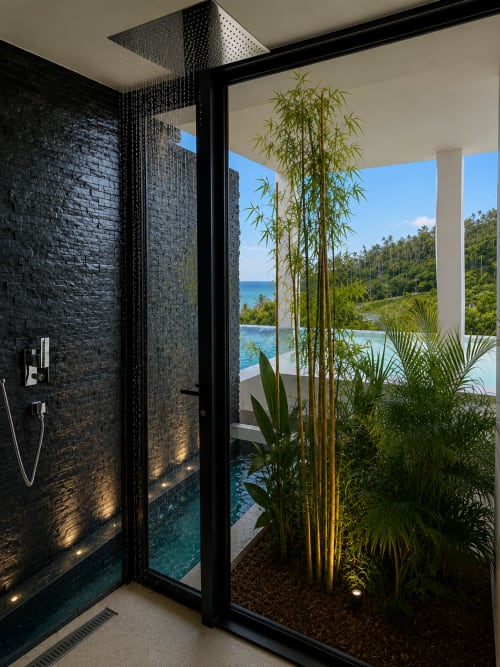 Luxury outdoor shower with rainfall showerhead at Indigo Villa Samui, overlooking tropical sea view and pool
