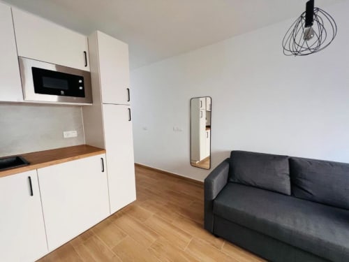 Acogedor estudio en El HierroStay con cocina americana, sofá negro, suelos de madera y decoración minimalista