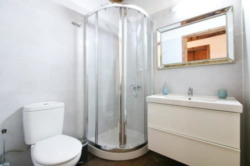 Baño moderno en el apartamento Casa 1820 de Rural La Palma con cabina de ducha, lavabo blanco, inodoro y espejo enmarcado