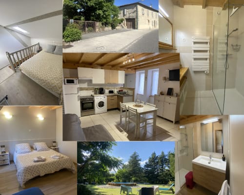 Intérieur et extérieur du cottage Le Cocon De Curson avec cuisine, chambre, salle de bain et vue sur le jardin