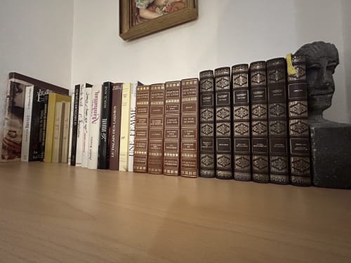 Collection de livres reliés en cuir classiques exposés sur une étagère en bois dans un logement à Luxeuil-les-Bains