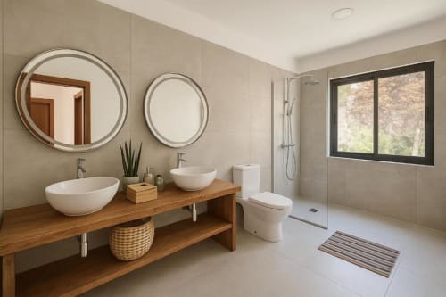 Baño moderno en villa Nexus en Rural La Palma con dos lavamanos tipo recipiente, espejos circulares, ducha tipo walk-in y vistas al jardín